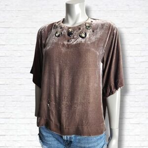 Dorothee Schumacher Jewel Collar Brown Velvet Silk Short Sleeve Blouse Size M